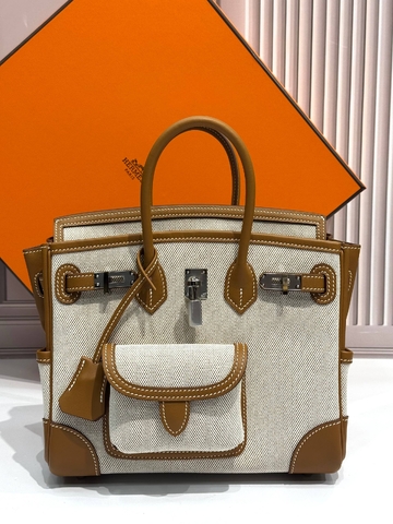 Hermes BIRKIN CARGO 25 VEAU SWIFT сумка женские натуральная кожа текстиль бежевые оранжевые премиум 206606UB