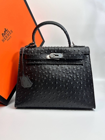 Hermes Kelly ostrich 28 сумка женские натуральная кожа черные люкс 908281FK