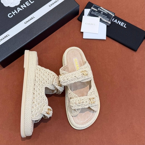 Chanel шлепанцы женские текстиль летние бежевые премиум 410806AZ