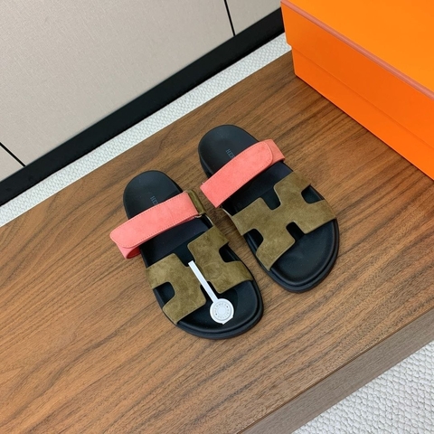Hermes Chypre sandal шлепанцы женские натуральная замша летние зеленые люкс 500694KO
