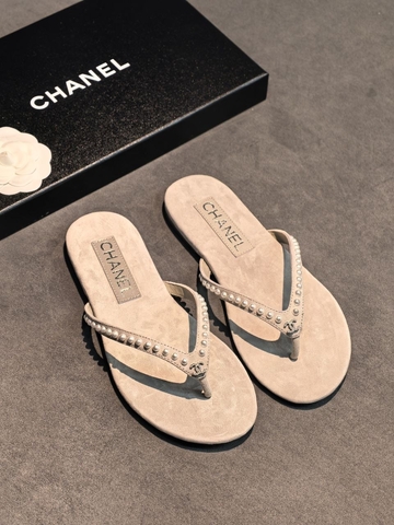 Chanel шлепанцы женские бархат кристаллы летние бежевые розовые премиум 850805CF