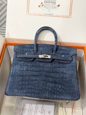 Hermes Birkin 25 Crocodile Alligator сумка женские натуральная кожа нубук синие премиум 580791QT