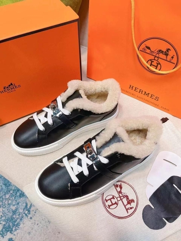 Hermes кроссовки женские натуральная кожа зимние черные премиум 802625SK