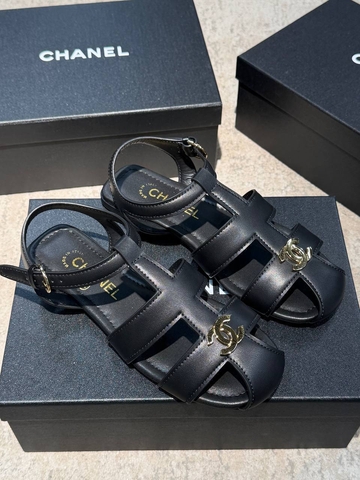 Chanel босоножки женские натуральная кожа летние весенние / осенние черные премиум 484160RC