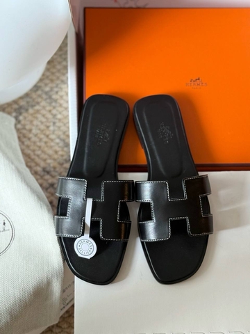 Hermes Oran sandal шлепанцы женские натуральная кожа летние черные премиум 589007BZ