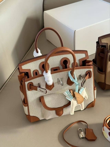 Hermes сумка женские натуральная кожа текстиль бежевые люкс 185321HI