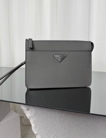 Prada клатч мужские натуральная кожа серые премиум 647276OJ