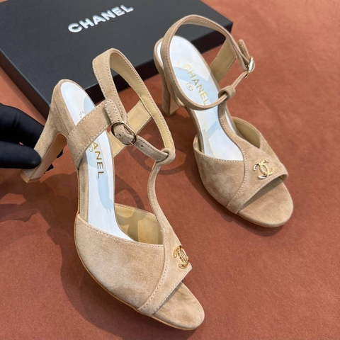 Chanel босоножки женские натуральная замша летние весенние / осенние бежевые премиум 813157LB