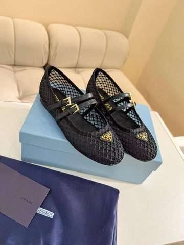 Prada балетки женские натуральная кожа сетка летние черные люкс 356130PW