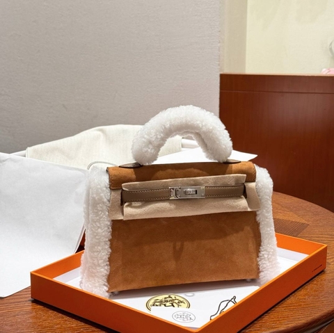 Hermes kelly mini Teddy сумка женские натуральный мех натуральная замша оранжевые премиум 156745PK