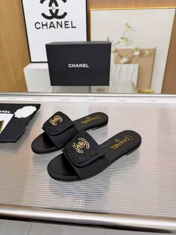 Chanel шлепанцы женские текстиль летние черные премиум 119049QY