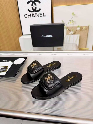 Chanel шлепанцы женские натуральная кожа летние черные премиум 600572NY